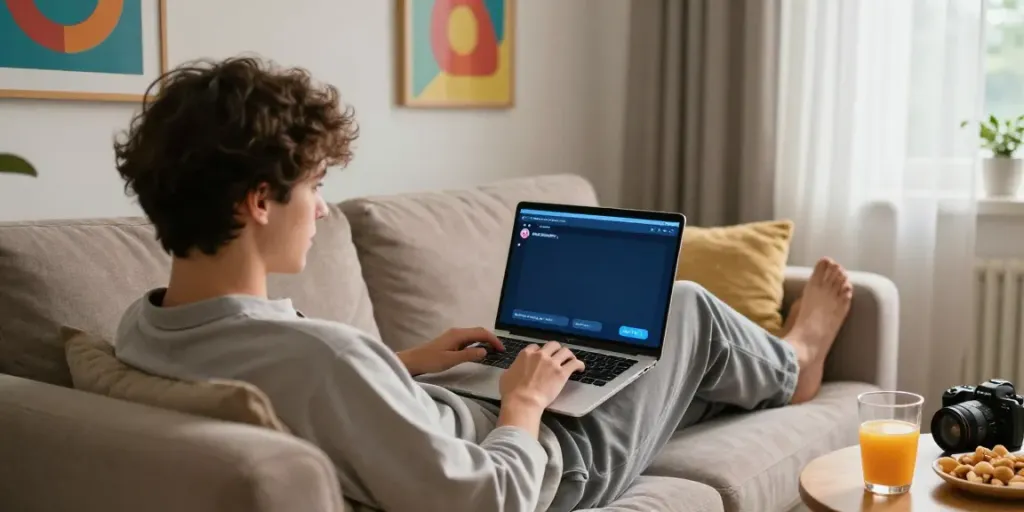 Engaging in an NSFW AI chat on a cozy sofa, with snacks and glowing screen.