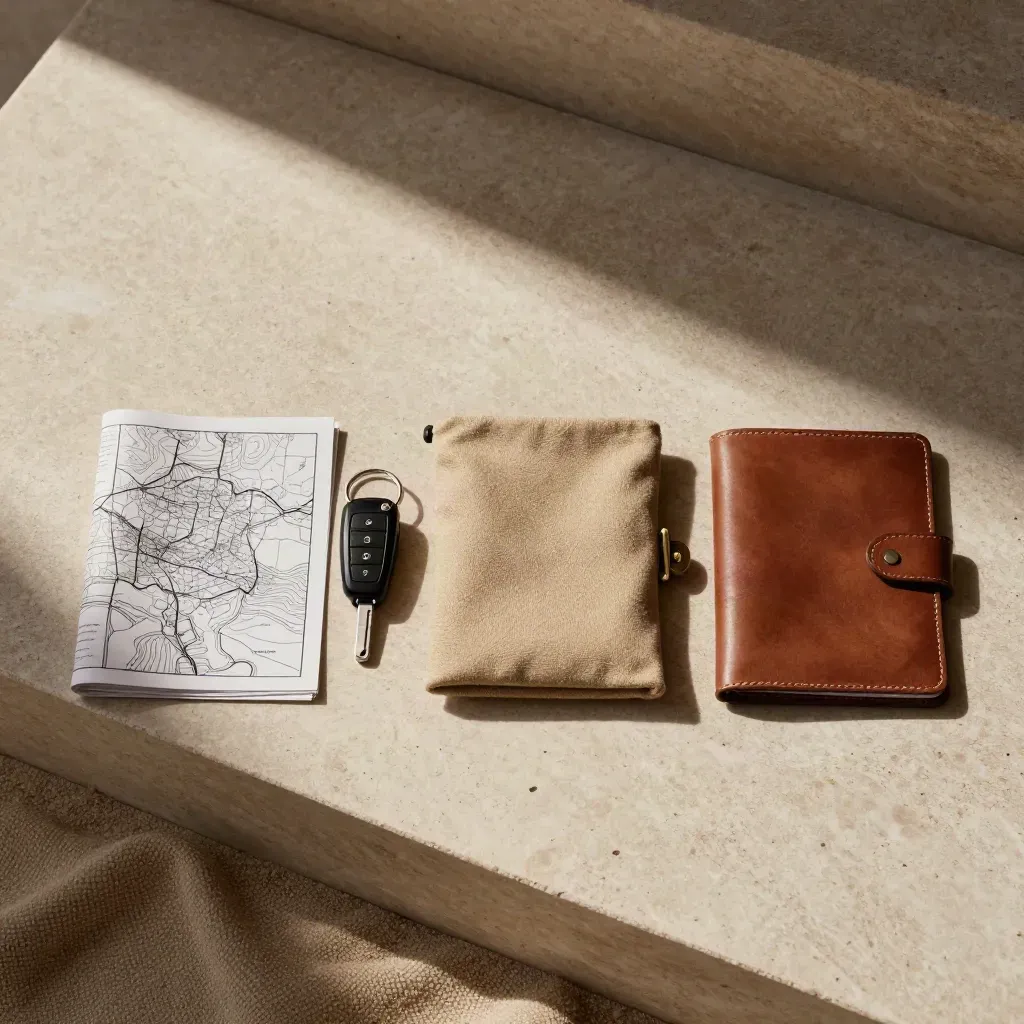 Vue du dessus d’objets de voyage sur travertin, avec grand vide latéral.