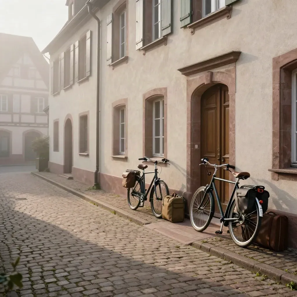 Cour d’auberge alsacienne avec vélos, valises et porte close dans la brume du matin