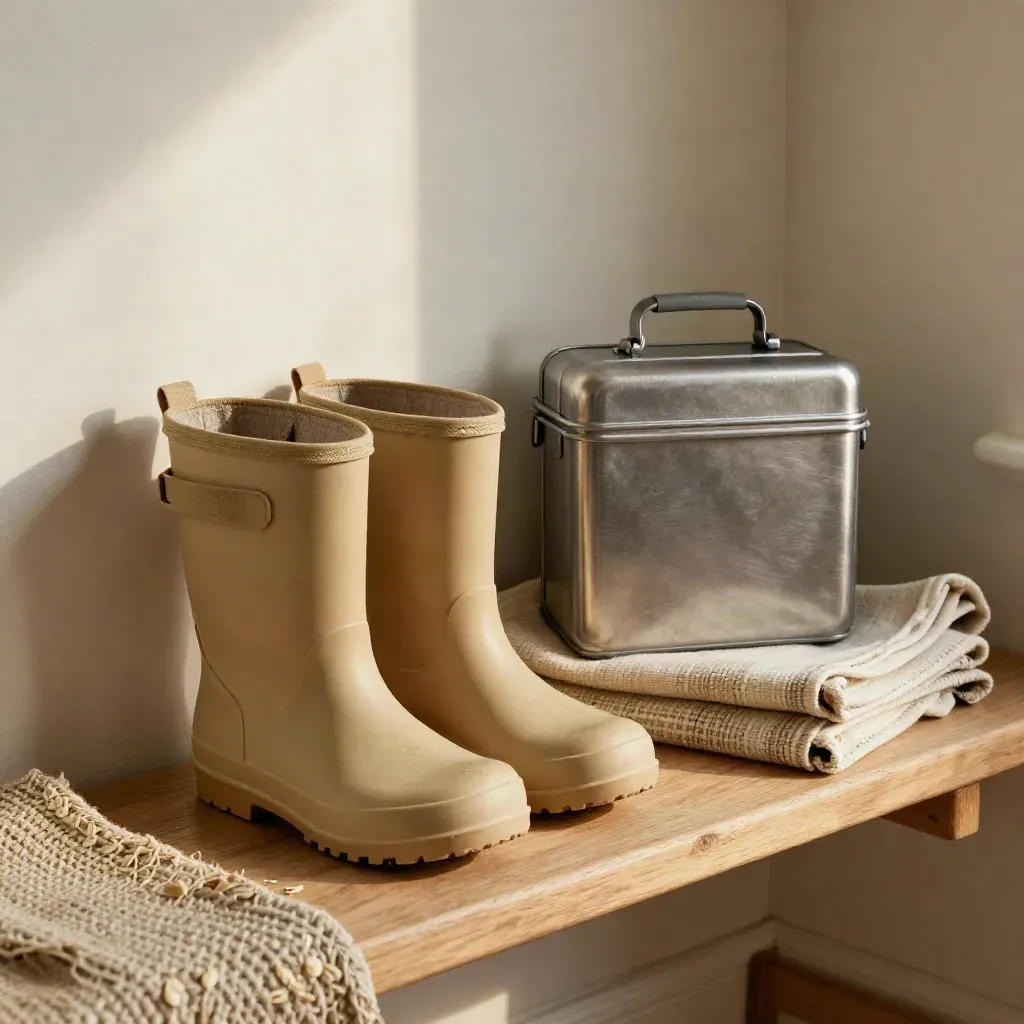 Des bottes de pluie, une boîte à goûter et une couverture de pique-nique sur un banc d’entrée.