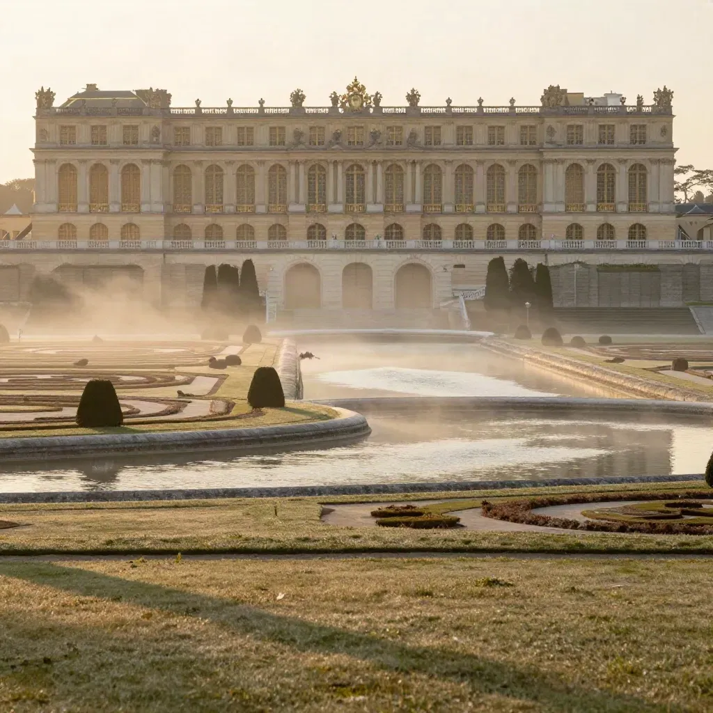 Versailles au loin, toits dorés, jardins et Grand Canal sous une brume d’aube.