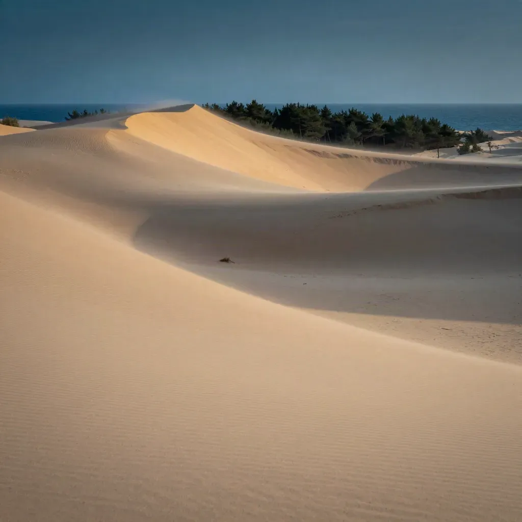Dune du Pilat au soleil doré, sable lissé, pins lointains et mer discrète à l’horizon.